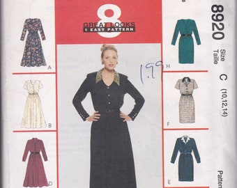 McCalls 8920 Classic Dress Pattern With 8 Collar, Sleeve and Skirt Variations Uncut 1997