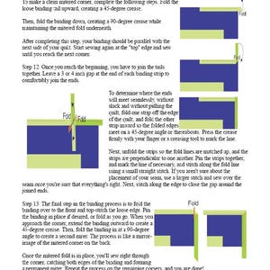 May include: A step-by-step guide on how to create a mitered corner for a quilt using a charm pack. The guide includes illustrations of the process and instructions on how to fold and sew the binding.