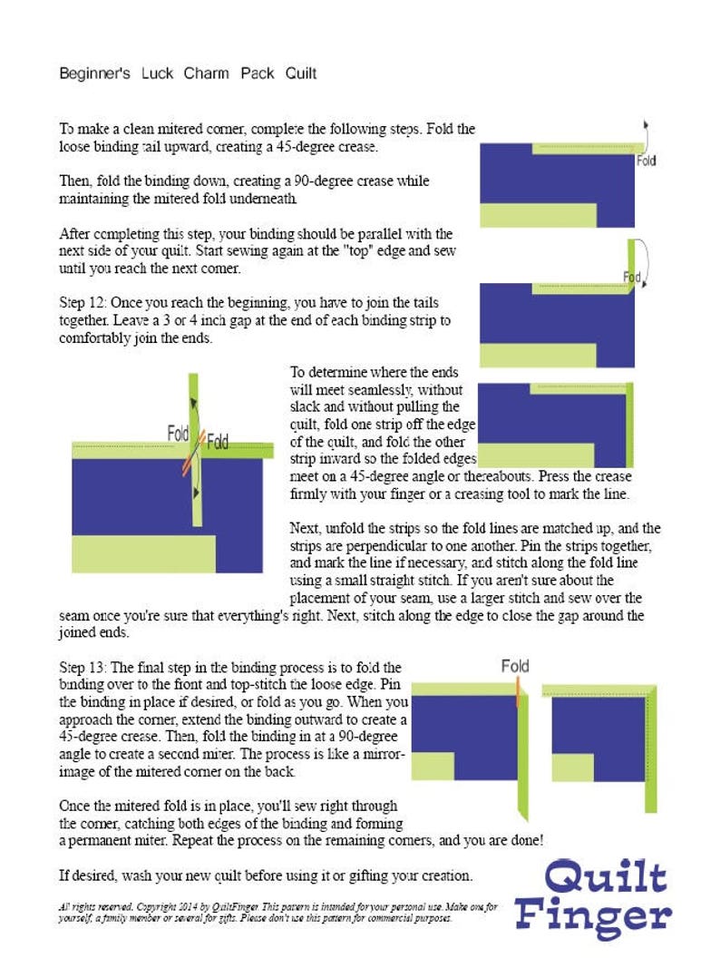 May include: A step-by-step guide on how to create a mitered corner for a quilt using a charm pack. The guide includes illustrations of the process and instructions on how to fold and sew the binding.