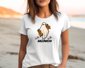 Cute Halloween Ghost T-Shirt - Floral Ghost Shirt, Fall Aesthetic Tee, Spooky Season Shirt, Halloween Graphic Tee, Witchy Vibes