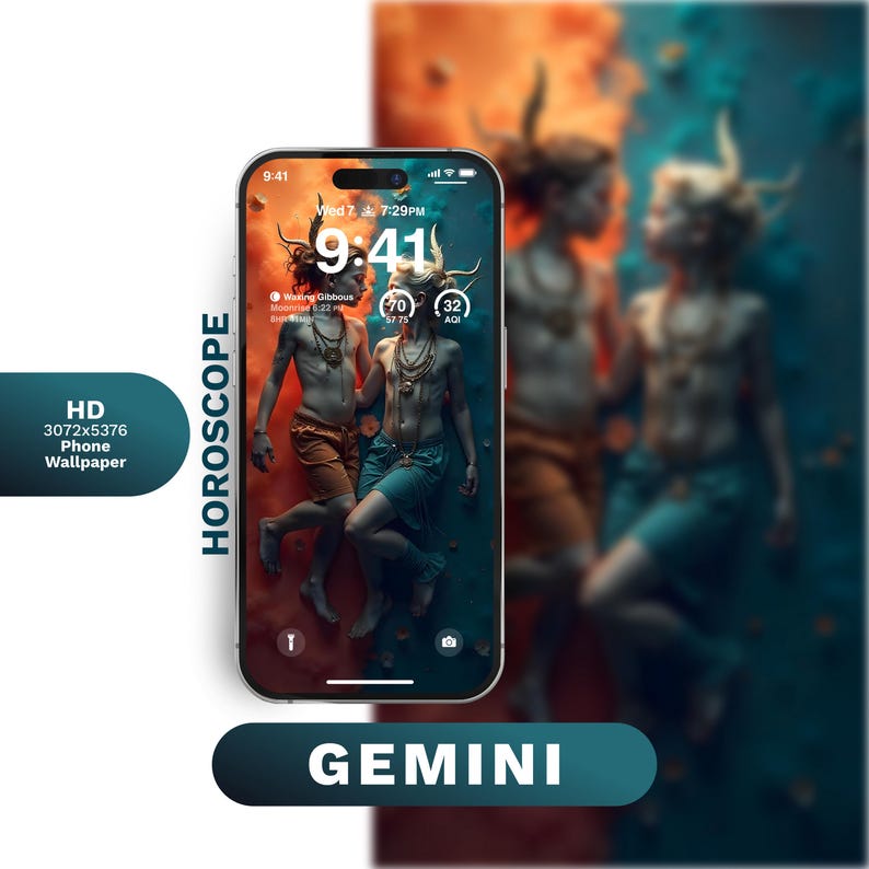 Puede incluir: La pantalla de un tel&eacute;fono que muestra un reloj digital con la hora 9:41 PM, la fecha mi&eacute;rcoles 7 de julio y el texto "Waiting Gibbous" con un icono de luna. La imagen de fondo es una ilustraci&oacute;n colorida de dos figuras con cuernos, una en azul y otra en naranja, con la palabra "GEMINI" en la parte inferior.