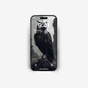 May include: A black and white phone screen displaying the time 9:41 with the date Wed 7 and the text "Waking Gibbous" and "Moonrise 6:22 pm" and "Rise 6:41 am". A black bird with orange eyes is in the background.