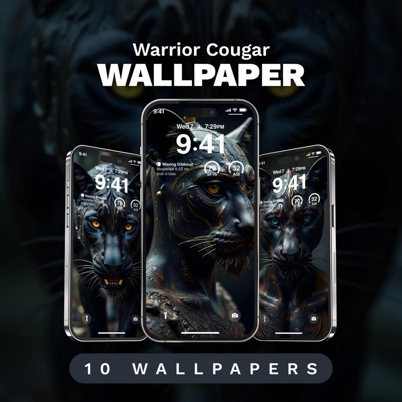 Puede incluir: Tres maquetas de iPhone que muestran un fondo de pantalla de tel&eacute;fono de puma guerrero negro y dorado. El fondo de pantalla presenta un puma negro con detalles dorados y una expresi&oacute;n feroz. El texto "Warrior Cougar WALLPAPER" se muestra arriba de las maquetas. El texto "10 WALLPAPERS" se muestra debajo de las maquetas.