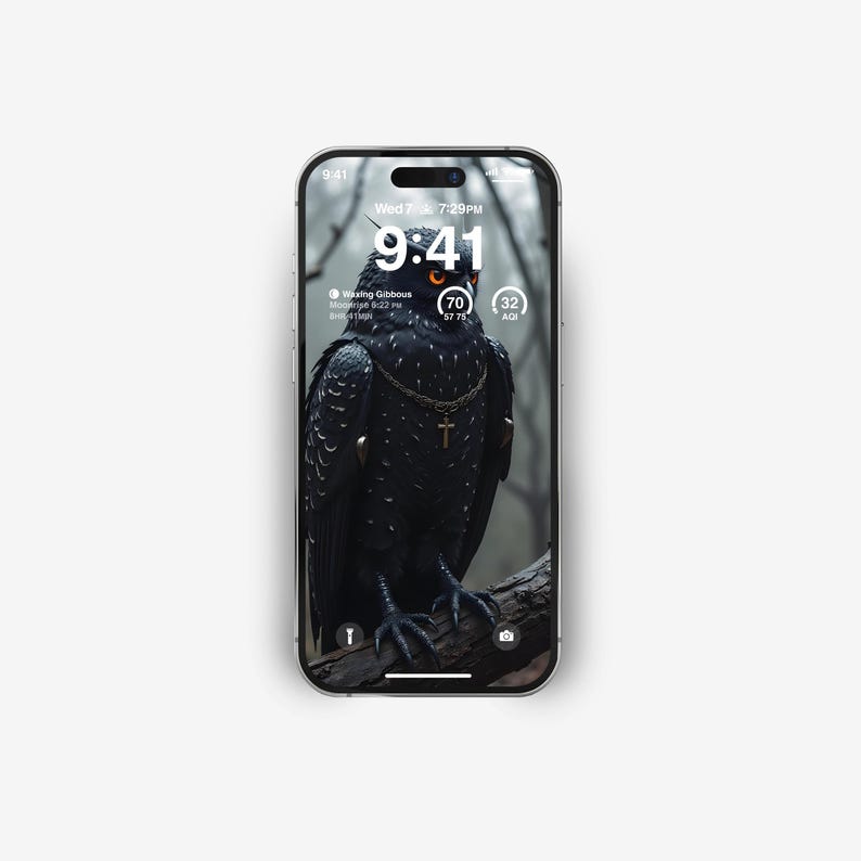 May include: A black and white phone screen displaying a dark image of an owl with a gold chain and cross. The time is 9:41 and the date is Wed 7 7:29PM. The phone screen also shows the moon phase, which is Waxing Gibbous, and the age of the moon, which is 32 days.