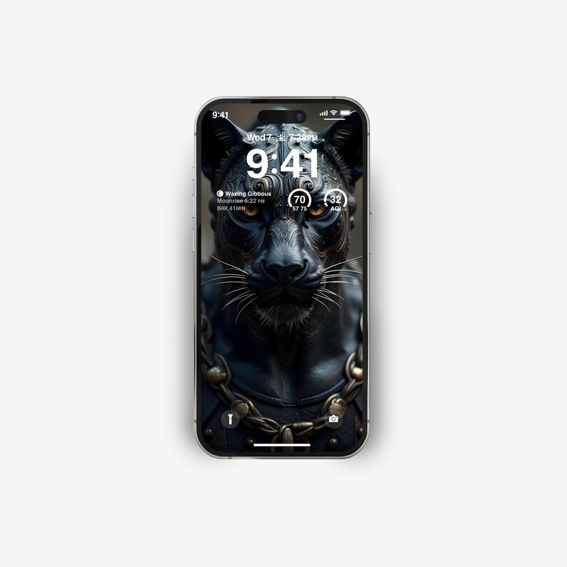 Puede incluir: Una pantalla de tel&eacute;fono inteligente con una imagen de fondo de una pantera negra con una cadena dorada alrededor del cuello. La hora es 9:41 PM y la fecha es mi&eacute;rcoles 7 de julio. La pantalla del tel&eacute;fono tambi&eacute;n muestra la fase lunar, que es gibosa creciente, y la hora de la salida de la luna, que es 6:22 PM.