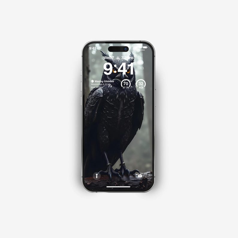 May include: A smartphone displaying a dark image of an owl with the time 9:41 on the screen. The phone's screen also shows the date, Wed 7, and the time 7:28 PM.