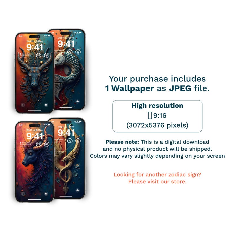 Puede incluir: Dos fondos de pantalla digitales para tel&eacute;fono que representan signos del zod&iacute;aco. El primer fondo de pantalla presenta un toro negro con cuernos dorados sobre un fondo azul oscuro. El segundo fondo de pantalla presenta un drag&oacute;n dorado con acentos rojos sobre un fondo azul oscuro. Ambos fondos de pantalla muestran la hora 9:41 en la pantalla del tel&eacute;fono.