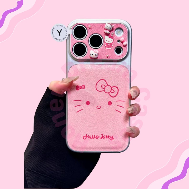 Funda de piel rosa de Hello Kitty para iPhone, funda con lazo de Hello Kitty para iPhone 17, 16, 15, 14 y 13 Pro Max, funda de Hello Kitty para iPhone, regalo para ella imagen 7