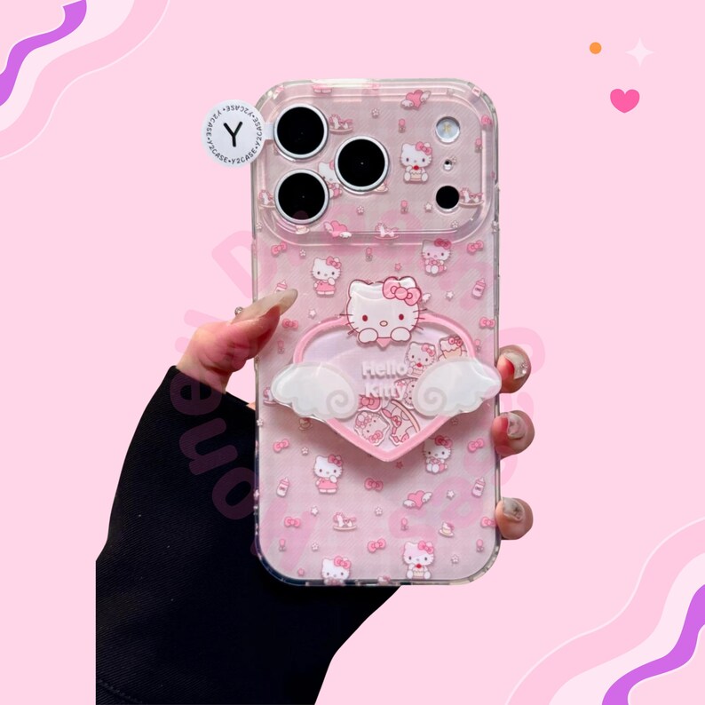 Cute Hello Kitty Wings With Bracket Phone Case, Pink Kitty Wings iPhone 17 16 15 14 13 Pro Max Case, Hello Kitty Wings Protective Back Cover image 2
