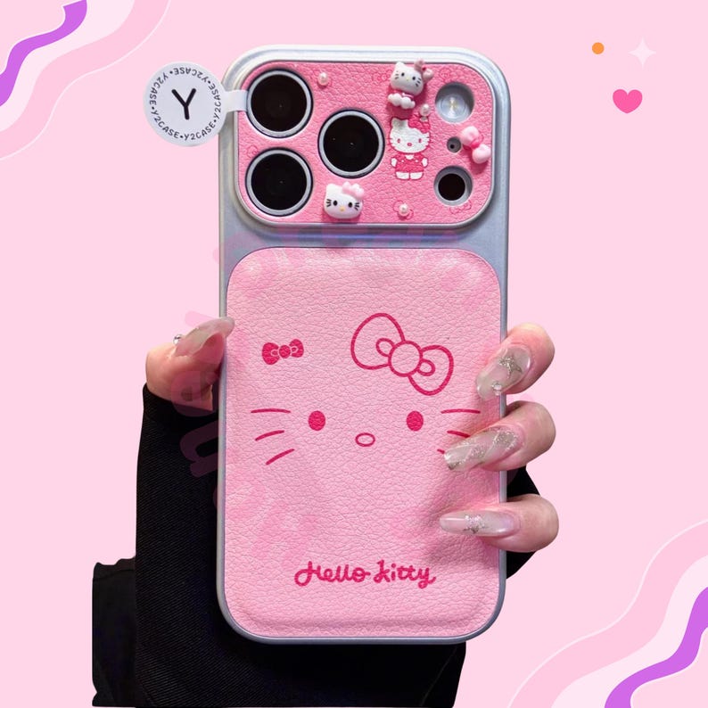 Funda de piel rosa de Hello Kitty para iPhone, funda con lazo de Hello Kitty para iPhone 17, 16, 15, 14 y 13 Pro Max, funda de Hello Kitty para iPhone, regalo para ella imagen 1