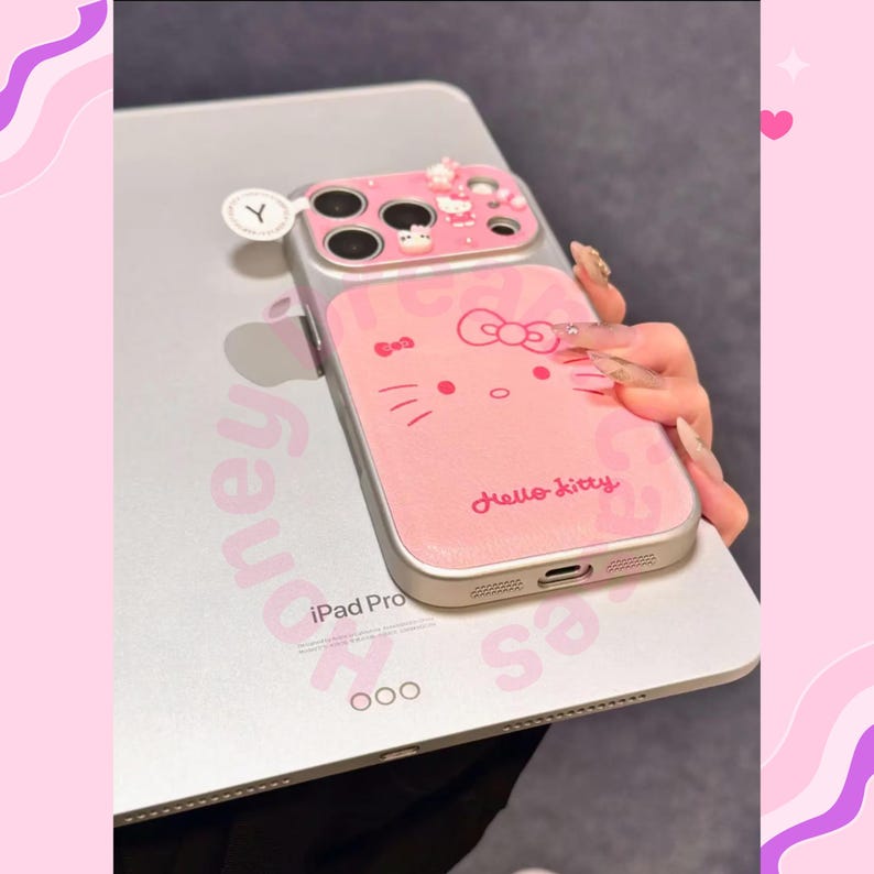 Funda de piel rosa de Hello Kitty para iPhone, funda con lazo de Hello Kitty para iPhone 17, 16, 15, 14 y 13 Pro Max, funda de Hello Kitty para iPhone, regalo para ella imagen 3