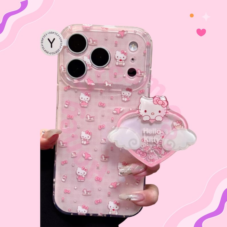 Cute Hello Kitty Wings With Bracket Phone Case, Pink Kitty Wings iPhone 17 16 15 14 13 Pro Max Case, Hello Kitty Wings Protective Back Cover image 1