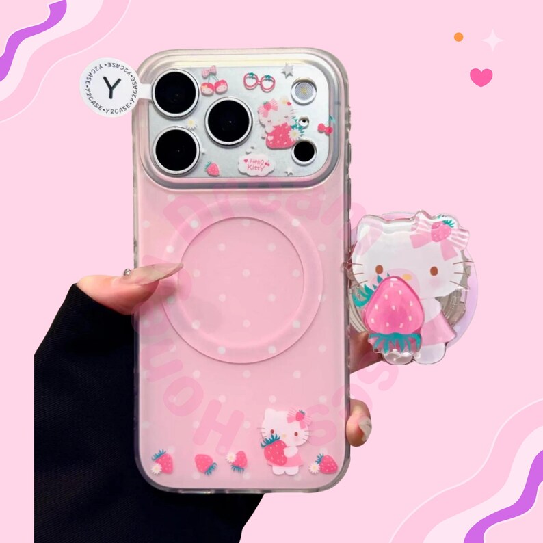 Funda magnética para iPhone con diseño de fresa y Hello Kitty, con dije magnético, color rosa y bayas. Funda para iPhone 17, 16, 15, 14, 13 Pro Max. imagen 7