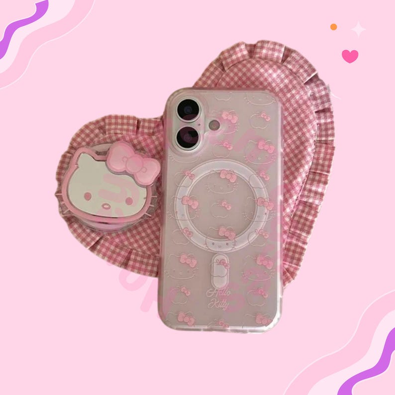 Cute Hello Kitty Magnetic iPhone Case with MagSafe Stand, Transparent Magnetic Cover, iPhone 17 16 15 14 13 Pro Max Case, Pink Hello Kitty image 7