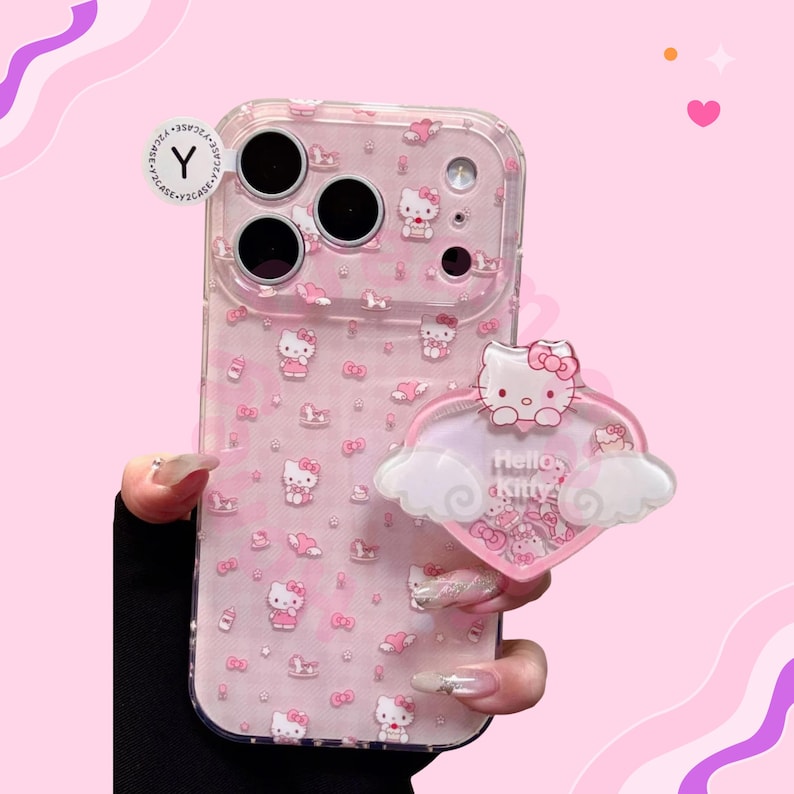 Cute Hello Kitty Wings With Bracket Phone Case, Pink Kitty Wings iPhone 17 16 15 14 13 Pro Max Case, Hello Kitty Wings Protective Back Cover image 3