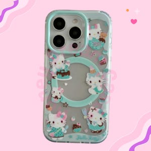 May include: Clear phone case with a mint green border and Hello Kitty graphics. The case features multiple Hello Kitty illustrations with desserts, including cakes and cupcakes. The text "Hello Kitty" is printed at the bottom.