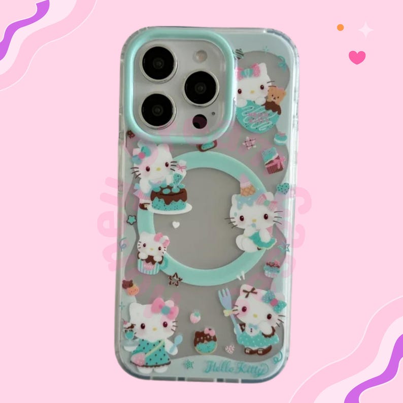 May include: Clear phone case with a mint green border and Hello Kitty graphics. The case features multiple Hello Kitty illustrations with desserts, including cakes and cupcakes. The text "Hello Kitty" is printed at the bottom.