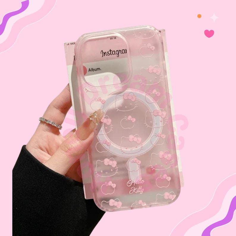 Cute Hello Kitty Magnetic iPhone Case with MagSafe Stand, Transparent Magnetic Cover, iPhone 17 16 15 14 13 Pro Max Case, Pink Hello Kitty image 3