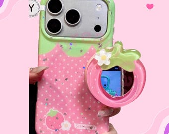 Niedliche Erdbeer Magnetische iPhone Hülle mit MagSafe Stand, Pink Strawberry iPhone 17 16 15 14 13 Pro Max Case, Pink Grün Mirror Grip Glitter