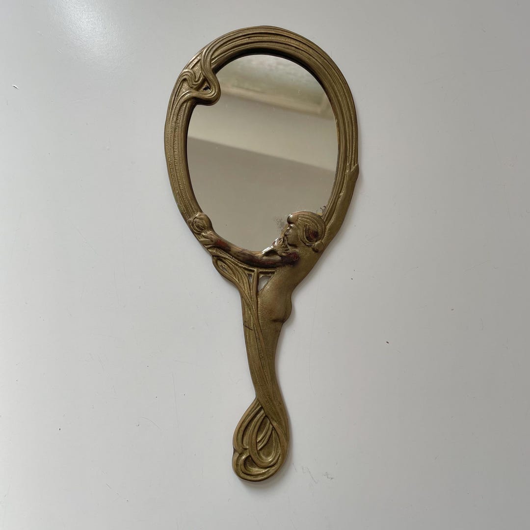 Vintage Art Nouveau Hand Mirror Brass Frame With Figure Lady Art Deco ...