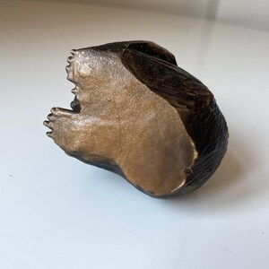 May include: A bronze-colored sculpture of a stylized animal head with open mouth and outstretched paws. The sculpture has a textured surface and dark brown accents, suggesting a vintage or antique aesthetic.