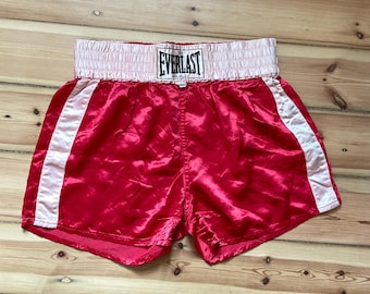 Vintage 80s Everlast Boxing Shorts - Red Satin with White Stripes - Made in USA