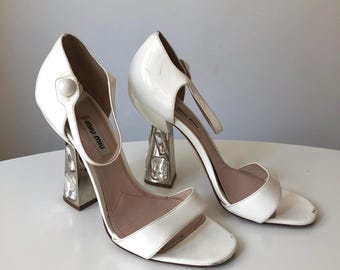 Miu Miu Leather Crystal Embellished Heel Strap Sandals – Elegant Designer Statement Heels