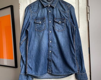 Diesel Denim Western Shirt | Size L Slim Fit | Mid Blue Wash | Snap Buttons | 100% Cotton | Y2K Designer Denim