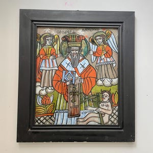 Hand Painted Saint Charalambos Icon: Tempera & Gold Leaf on Glass
