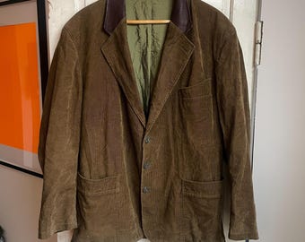 Giacca blazer in velluto a coste marrone vintage con colletto in pelle, taglia L/XL