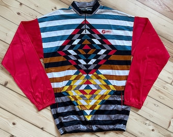 Maillot ciclista vintage Castelli de manga larga con diseño geométrico multicolor, talla M