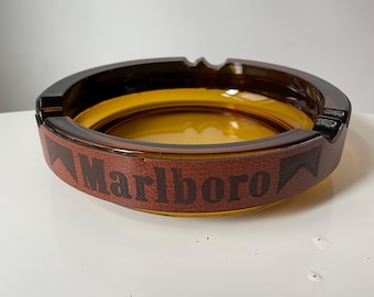 Vintage Marlboro Ashtray, Amber Glass Cigarette Ash Tray, Tobacco Advertising Collectible