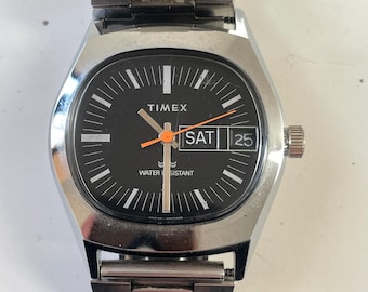Vintage 1981 Timex Marlin Day-Date Watch | Manual Wind | Black Dial | Orange Sweep Hand