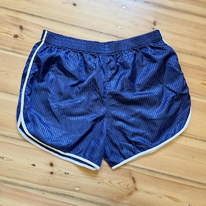 Vintage Navy Striped Satin Running Shorts White Piping Shiny Sport Shorts Size XL
