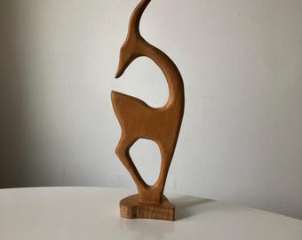 Mid-Century Modern Teak Antelope: Hand Carved Scandinavian Wood Sculpture