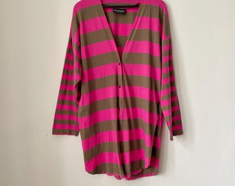 Vintage Marimekko Striped Pink Brown Button Up Long Sleeve Split Hem Tunic Top L