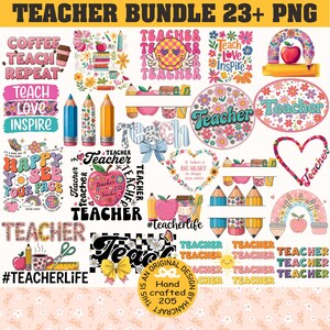 May include: A set of 23+ digital clipart images for teachers. The images feature colorful designs with a teacher theme, including coffee mugs, pencils, apples, hearts, rainbows, and the words "Teacher" and "Teacher Life".