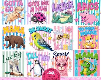 May include: A collection of colorful PNG images featuring cartoon animals with playful text. The images include a cow, ladybug, alligator, hippo, bear, parakeet, bee, mouse, duck, penguin, llama, and a crocodile. Each image has a unique design.