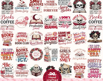 May include: A digital download bundle featuring 30+ PNG files with various designs. The designs include text and graphics related to books, reading, and coffee. The color palette includes pink, red, black, and white.