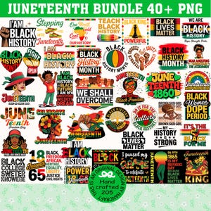 Puede incluir: Una colección de más de 40 diseños digitales con temas de Juneteenth. Los diseños son coloridos y presentan una variedad de textos e imágenes, incluyendo "I Am Black History", "Black Lives Matter", "Juneteenth 1865" y "Black King".