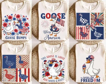 May include: Six different designs of white t-shirts with a goose graphic and patriotic red, white, and blue colors. The designs include "Goose Bumps", "Goose Bless America", "This Goose is Loose Red, White & Boze!" and "Tastes Like Freedom".