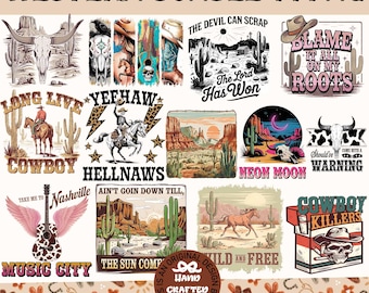 Bundle Western rétro Png, Western Png, Sublimation Western, Cowboy Cowgirl Png, Hello Png, Country Western Skull Png, Boho Western Png