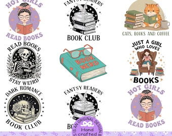 May include: A collection of nine PNG graphics with a book theme. The designs include illustrations of a cat reading, a skeleton reading, and girls reading. Text includes "Book Club", "Book Nerd", and "Cats, Books and Coffee".