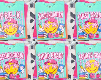 May include: A collection of mint green t-shirts with grade level designs. Each shirt features a smiling face wearing star-shaped sunglasses and a pink cap, holding a pencil and a book. The text on the shirts reads "PRE-K" through "FOURTH GRADE".