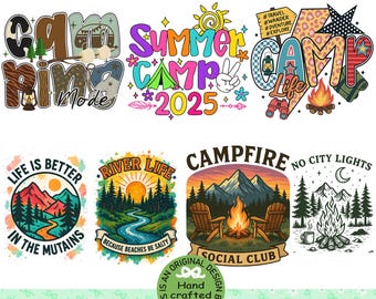 May include: A collection of camping-themed PNG graphics with text like "Camping 2025 Bundle", "Camp Ring Mode", "Summer Camp 2025", and "Camp Life". The designs feature mountains, campfires, and outdoor elements in vibrant colors.