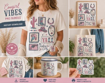 May include: A collection of cowgirl-themed products, including a t-shirt, tote bag, framed print, mug, and sticker. The designs feature cacti, cowboy boots, hats, horseshoes, and the text "Y'all Feeling Lucky". The color palette includes pink, blue, and cream.