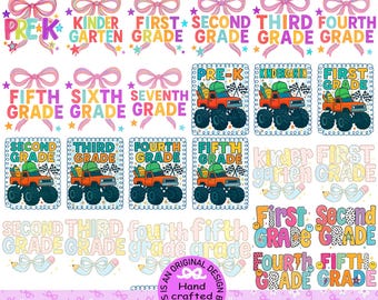 May include: A digital graphic bundle with a back-to-school theme. Includes text graphics for Pre-K through Seventh Grade, monster truck illustrations, and decorative bows. The text is in various colors and fonts.
