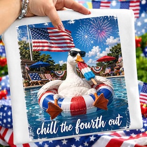 May include: White t-shirt featuring a cartoon goose wearing sunglasses and a red, white, and blue popsicle, floating in a pool on a Fourth of July scene. The text "chill the fourth out" is at the bottom.