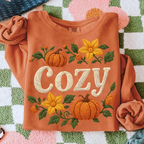 Cozy Season Png, Autumn Png, Trendy Faux Embroidery Fall Flower Png, Fall Vibes Png, Preppy Fall Png, Floral Autumn Pumpkin Png, Fall Shirt