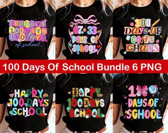 May include: A collection of six black t-shirts featuring colorful graphic designs celebrating the "100 Days of School." Each shirt displays unique text and illustrations, including phrases like "Happy 100 Days School" and "100 Days of Coffee Chaos."